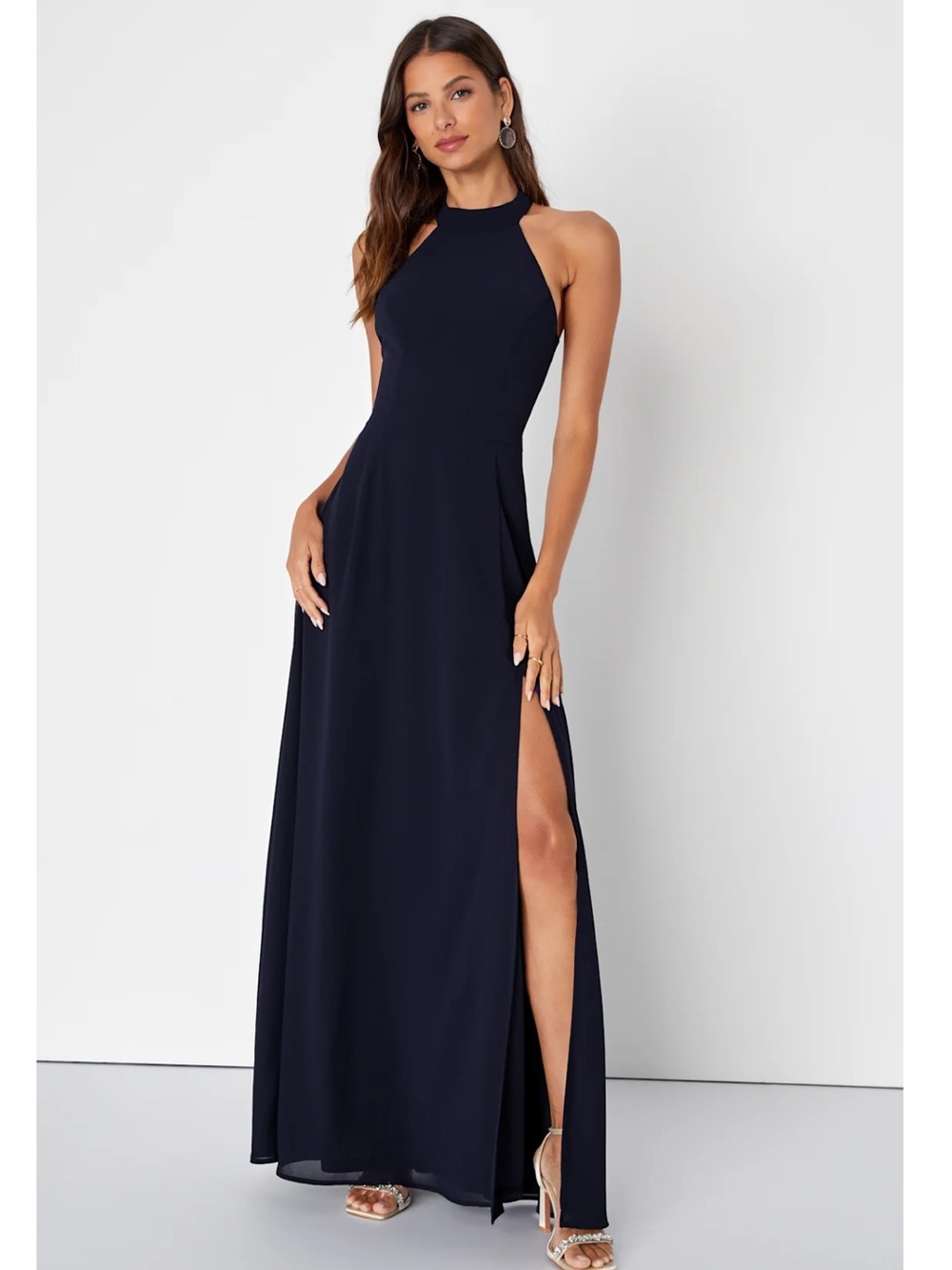 Lulus Confidently Charismatic Navy Blue Backless Halter Chiffon Maxi Dress L